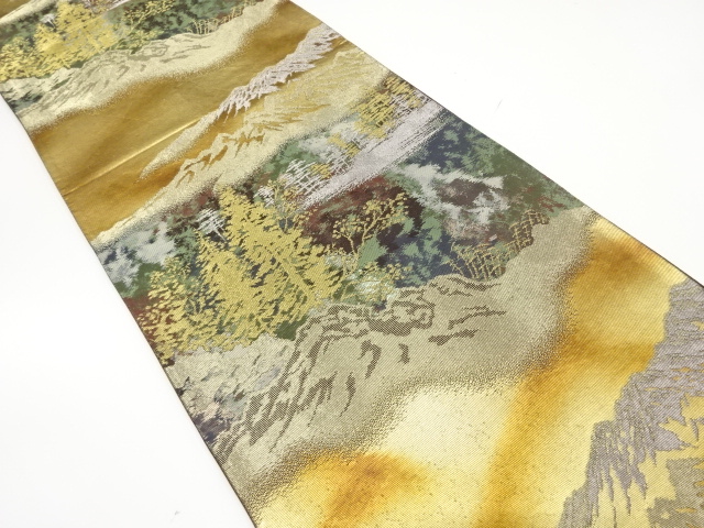 JAPANESE KIMONO / ANTIQUE FUKURO OBI / SILK / WOVEN MOUNTAIN & TREE